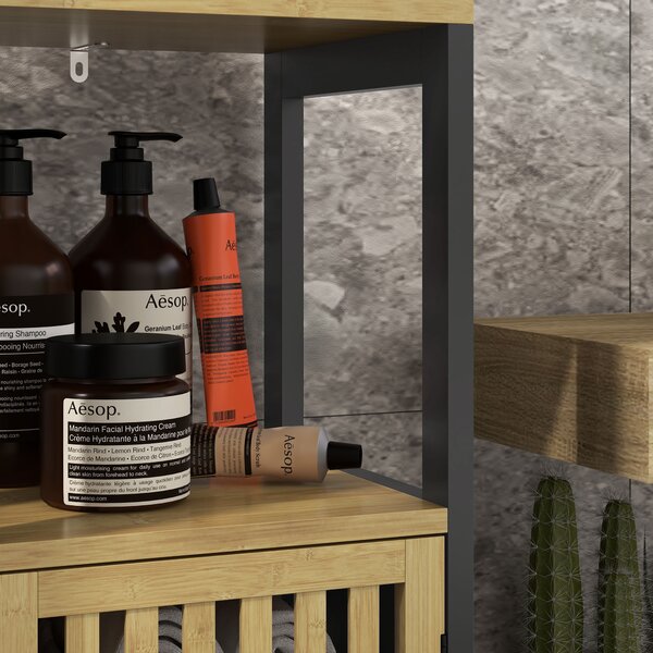 HOMCOM Slim Bathroom Storage Cabinet, Small Bamboo Bathroom Cabinet with Open Compartment and Adjustable Shelf, Black Aosom UK