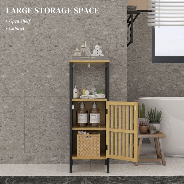 HOMCOM Slim Bathroom Storage Cabinet, Small Bamboo Bathroom Cabinet with Open Compartment and Adjustable Shelf, Black Aosom UK