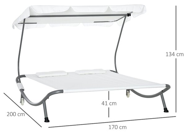 Outsunny Patio Double Hammock Sun Lounger Bed w/ Canopy Shelter, Wheels & 2 Pillows, White
