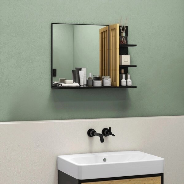 HOMCOM Bathroom Mirror with Shelf, Wall-mounted Makeup Mirror, Modern Vanity Mirror with 4 Storage Shelves for Make Up, Black Aosom UK