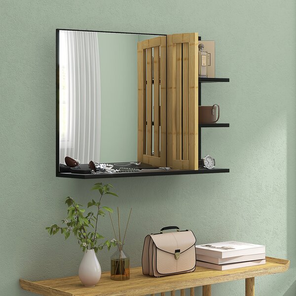 HOMCOM Bathroom Mirror with Shelf, Wall-mounted Makeup Mirror, Modern Vanity Mirror with 4 Storage Shelves for Make Up, Black Aosom UK