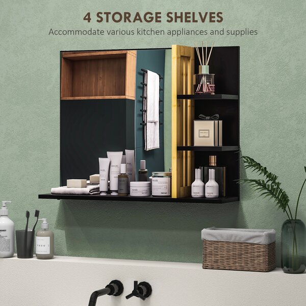 HOMCOM Bathroom Mirror with Shelf, Wall-mounted Makeup Mirror, Modern Vanity Mirror with 4 Storage Shelves for Make Up, Black Aosom UK