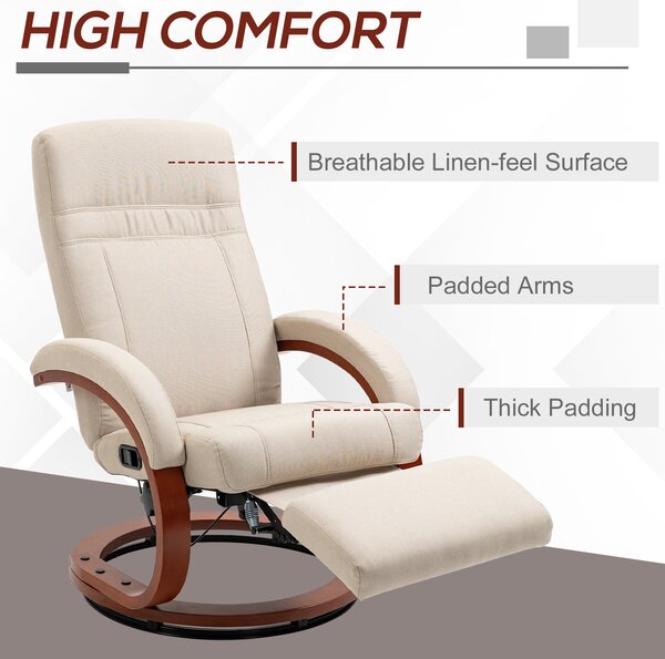 HOMCOM Swivel Recliner Chair with Extended Footrest, Manual Reclining Armchair with Wood Base for Living Room, Bedroom, Beige Aosom UK