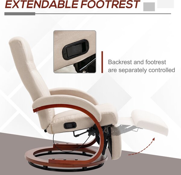 HOMCOM Swivel Recliner Chair with Extended Footrest, Manual Reclining Armchair with Wood Base for Living Room, Bedroom, Beige Aosom UK