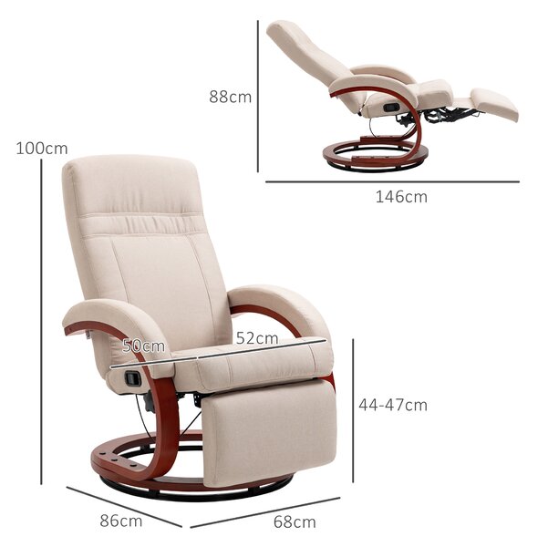 HOMCOM Swivel Recliner Chair with Extended Footrest, Manual Reclining Armchair with Wood Base for Living Room, Bedroom, Beige Aosom UK