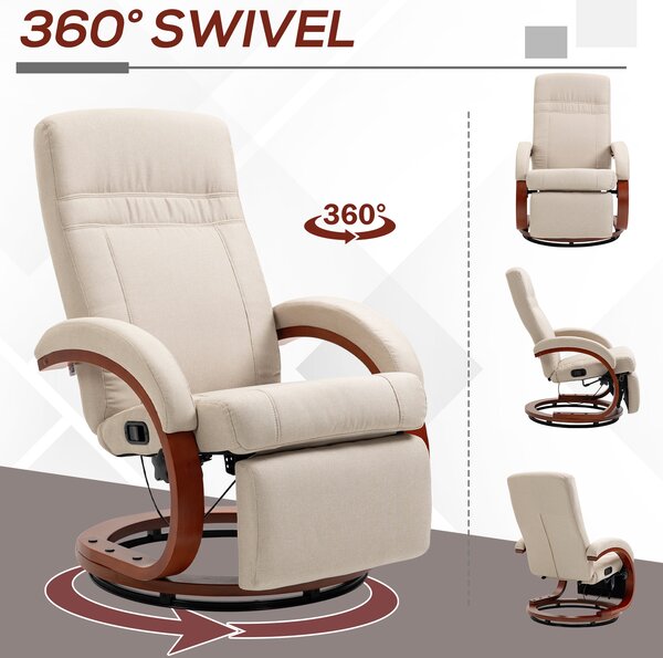 HOMCOM Swivel Recliner Chair with Extended Footrest, Manual Reclining Armchair with Wood Base for Living Room, Bedroom, Beige Aosom UK