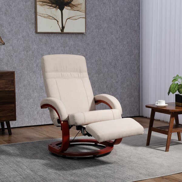 HOMCOM Swivel Recliner Chair with Extended Footrest, Manual Reclining Armchair with Wood Base for Living Room, Bedroom, Beige Aosom UK