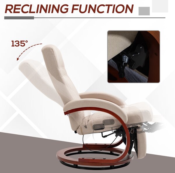 HOMCOM Swivel Recliner Chair with Extended Footrest, Manual Reclining Armchair with Wood Base for Living Room, Bedroom, Beige Aosom UK