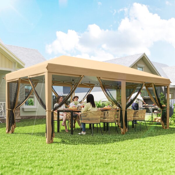 Outsunny 6 x 3(m) Pop Up Gazebo, Outdoor Canopy Shelter, Marquee Party Wedding Tent with 6 Mesh Walls and Carry Bag, Beige Aosom UK