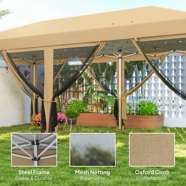 Outsunny 6 x 3(m) Pop Up Gazebo, Outdoor Canopy Shelter, Marquee Party Wedding Tent with 6 Mesh Walls and Carry Bag, Beige Aosom UK