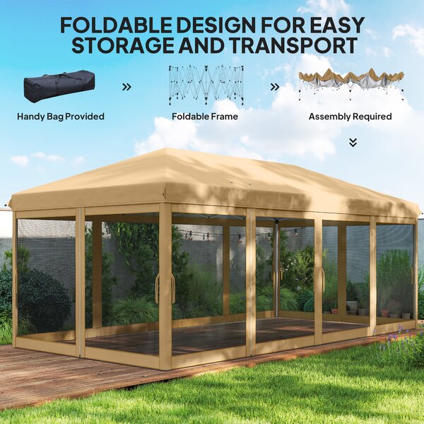 Outsunny 6 x 3(m) Pop Up Gazebo, Outdoor Canopy Shelter, Marquee Party Wedding Tent with 6 Mesh Walls and Carry Bag, Beige Aosom UK