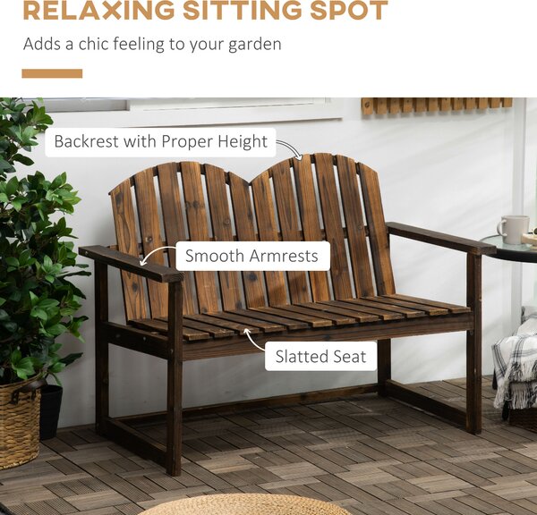 Outsunny Outdoor Wooden Garden Bench, Patio Loveseat Chair with Slatted Backrest and Smooth Armrests for Two People, for Yard Lawn Carbonised Finish
