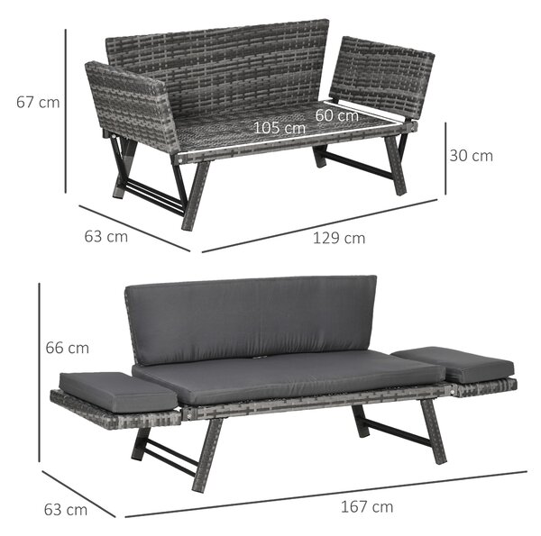 Outsunny 2 Seater Rattan Folding Daybed Sofa Bench Garden Chaise Lounger Loveseat with Cushion Outdoor Patio Grey Aosom UK