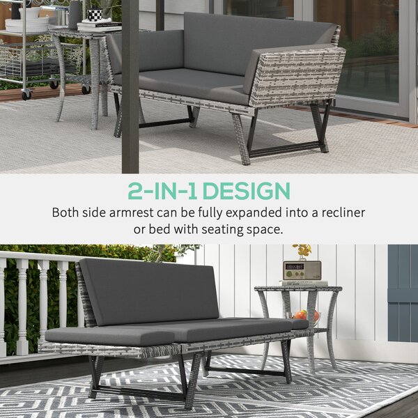 Outsunny 2 Seater Rattan Folding Daybed Sofa Bench Garden Chaise Lounger Loveseat with Cushion Outdoor Patio Grey Aosom UK