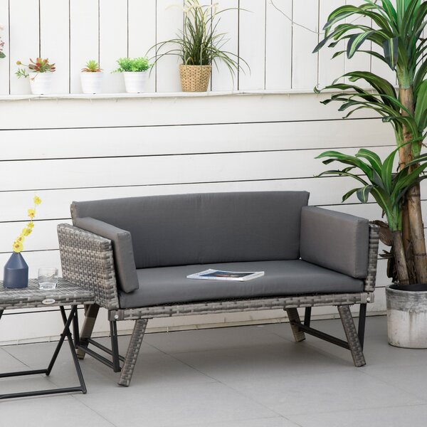 Outsunny 2 Seater Rattan Folding Daybed Sofa Bench Garden Chaise Lounger Loveseat with Cushion Outdoor Patio Grey Aosom UK