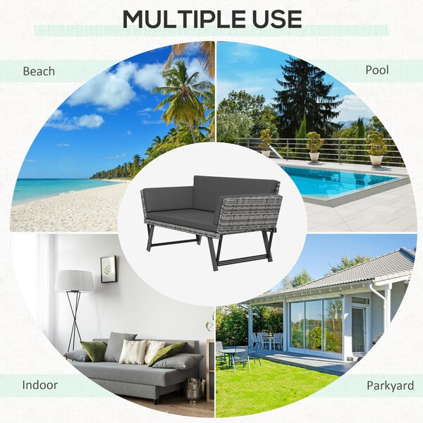 Outsunny 2 Seater Rattan Folding Daybed Sofa Bench Garden Chaise Lounger Loveseat with Cushion Outdoor Patio Grey Aosom UK