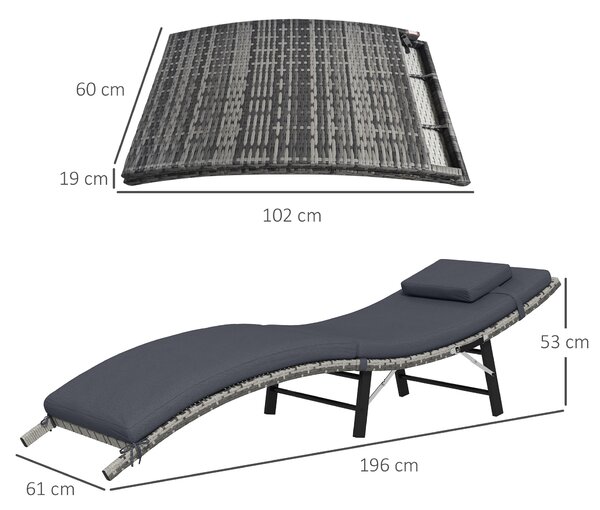 Outsunny Rattan Folding Sun Lounger Outdoor Chair with Cushion and Pillow Grey