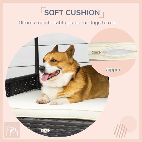 PawHut Wicker Dog House, Rattan Pet Bed, with Removable Cushion, Canopy, for Small and Medium Dogs - Cream Aosom UK