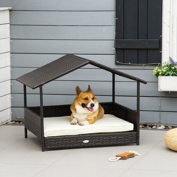 PawHut Wicker Dog House, Rattan Pet Bed, with Removable Cushion, Canopy, for Small and Medium Dogs - Cream Aosom UK