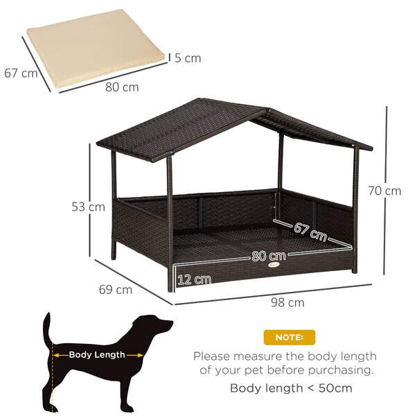 PawHut Wicker Dog House, Rattan Pet Bed, with Removable Cushion, Canopy, for Small and Medium Dogs - Cream Aosom UK