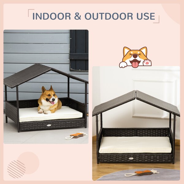 PawHut Wicker Dog House, Rattan Pet Bed, with Removable Cushion, Canopy, for Small and Medium Dogs - Cream Aosom UK