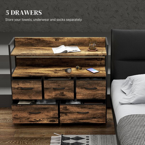 HOMCOM Rustic Chest of Five Fabric Drawers - Brown Wood Effect Aosom UK