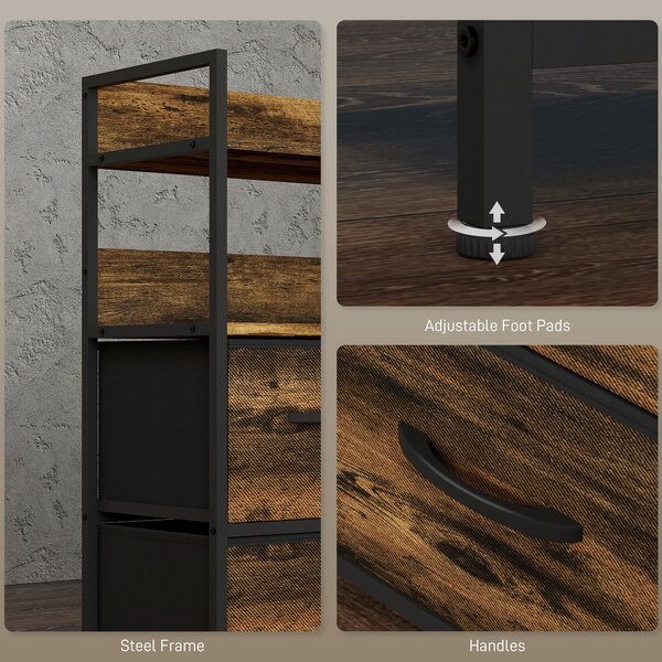 HOMCOM Rustic Chest of Five Fabric Drawers - Brown Wood Effect Aosom UK