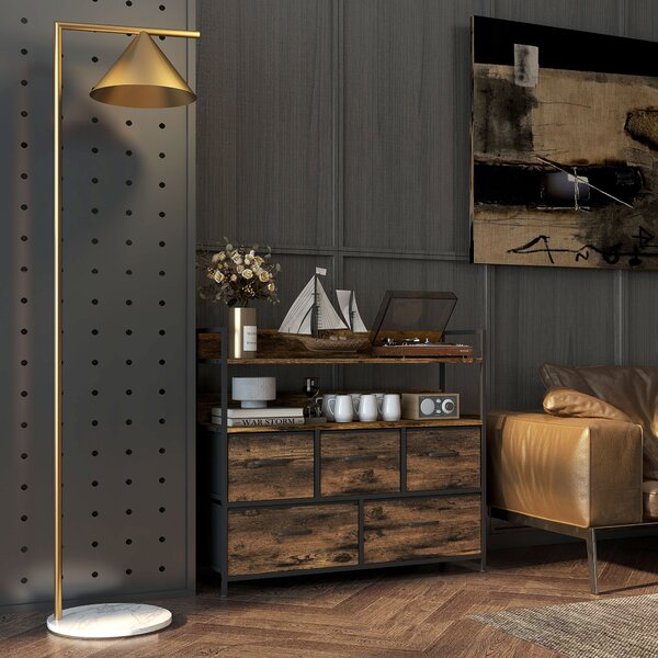 HOMCOM Rustic Chest of Five Fabric Drawers - Brown Wood Effect Aosom UK