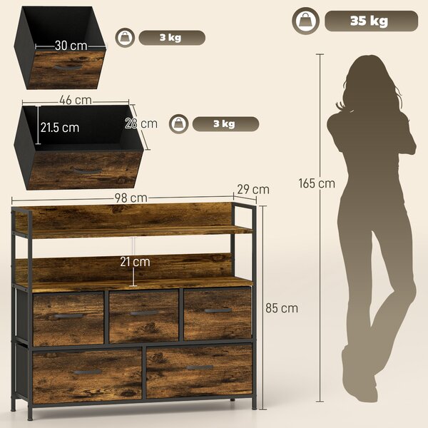 HOMCOM Rustic Chest of Five Fabric Drawers - Brown Wood Effect Aosom UK