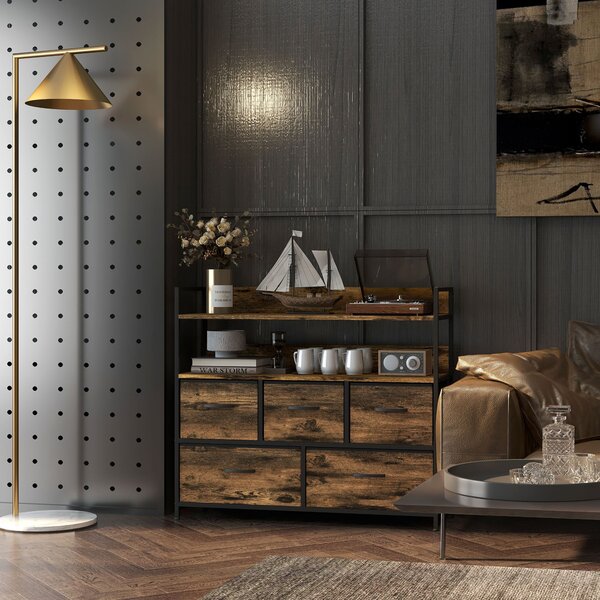HOMCOM Rustic Chest of Five Fabric Drawers - Brown Wood Effect Aosom UK