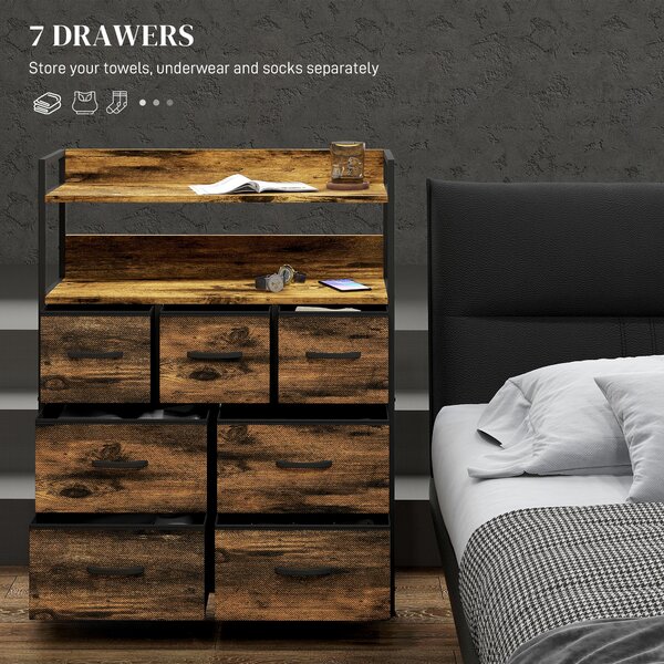 HOMCOM Rustic Chest of Seven Fabric Drawers - Brown Wood Effect Aosom UK