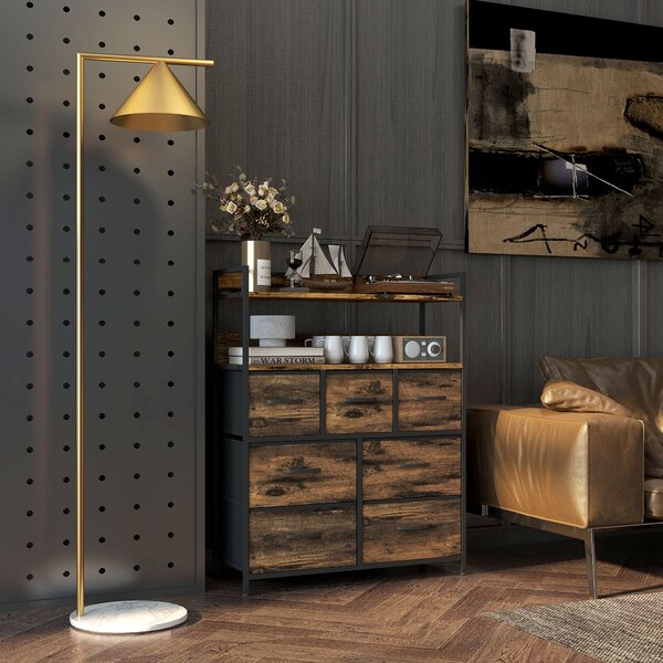 HOMCOM Rustic Chest of Seven Fabric Drawers - Brown Wood Effect Aosom UK