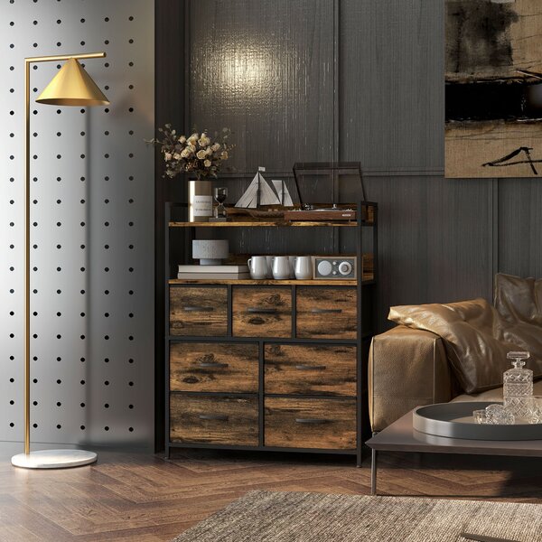 HOMCOM Rustic Chest of Seven Fabric Drawers - Brown Wood Effect Aosom UK