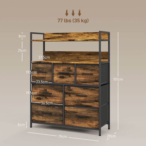 HOMCOM Rustic Chest of Seven Fabric Drawers - Brown Wood Effect Aosom UK