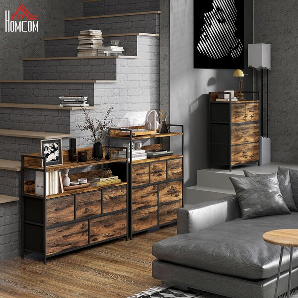 HOMCOM Rustic Chest of Seven Fabric Drawers - Brown Wood Effect Aosom UK