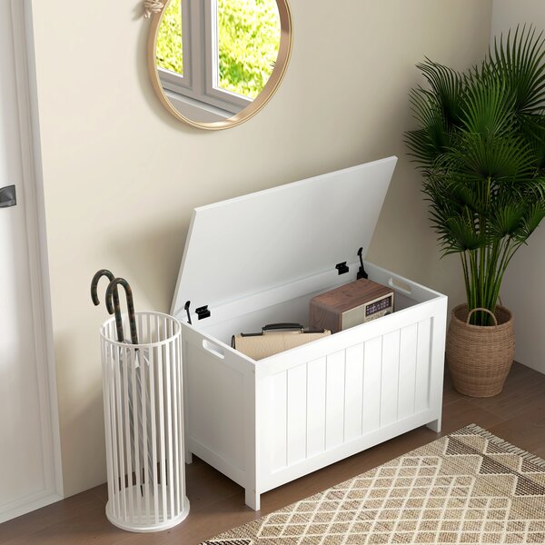 HOMCOM Storage Chest, Modern Storage Trunk with 2 Safety Hinges and Cut-out Handles, Wooden Toy Box for Living Room, 76x40x48 cm, White Aosom UK