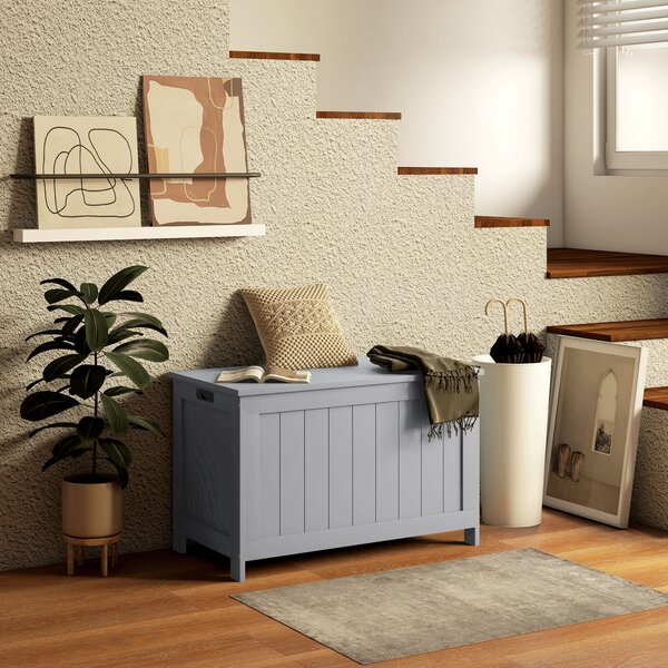 HOMCOM Storage Chest, Modern Storage Trunk w/ 2 Safety Hinges & Cut-out Handles, Wooden Toy Box for Living Room, 76 x 40 x 48 cm, Grey Aosom UK