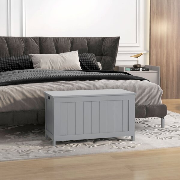 HOMCOM Storage Chest, Modern Storage Trunk w/ 2 Safety Hinges & Cut-out Handles, Wooden Toy Box for Living Room, 76 x 40 x 48 cm, Grey Aosom UK