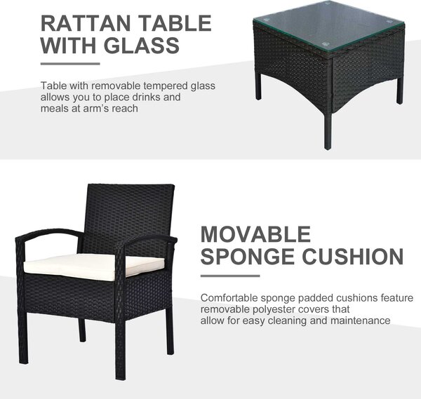 Outsunny Rattan Garden Furniture 2-Seater Sofa Chair Table Bistro Set Wicker Weave Outdoor Patio Conservatory Set Steel-Black