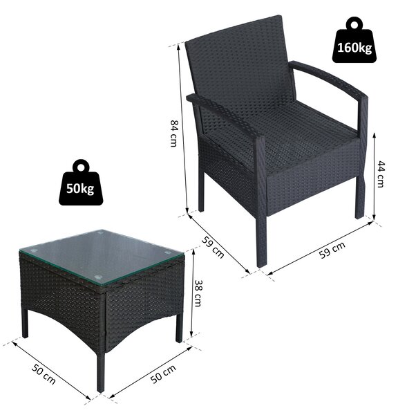 Outsunny Rattan Garden Furniture 2-Seater Sofa Chair Table Bistro Set Wicker Weave Outdoor Patio Conservatory Set Steel-Black