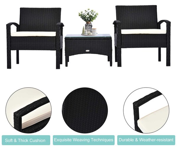 Outsunny Rattan Garden Furniture 2-Seater Sofa Chair Table Bistro Set Wicker Weave Outdoor Patio Conservatory Set Steel-Black