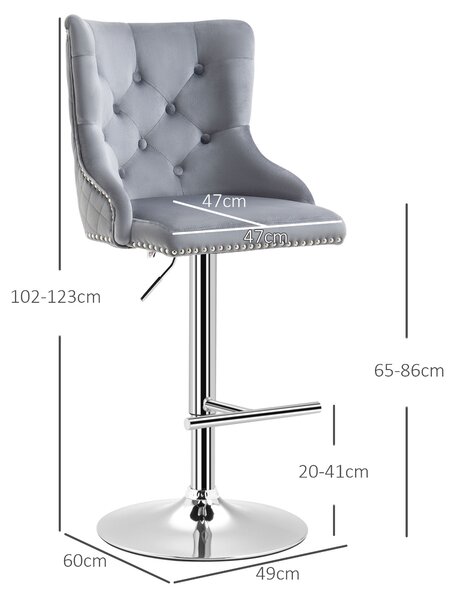 HOMCOM Modern Adjustable Bar Stools Set of 2, Swivel Velvet Barstools with Button Tufted Back, Footrest, Nailhead Trim for Home Bar, Grey