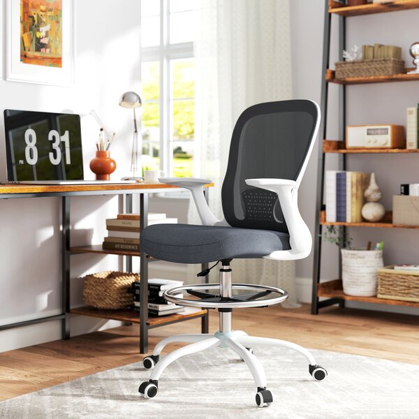 HOMCOM Draughtsman Chair, Mesh Drafting Chair, Ergonomic Office Chair with Flip-up Armrest, Adjustable Foot Ring, Grey