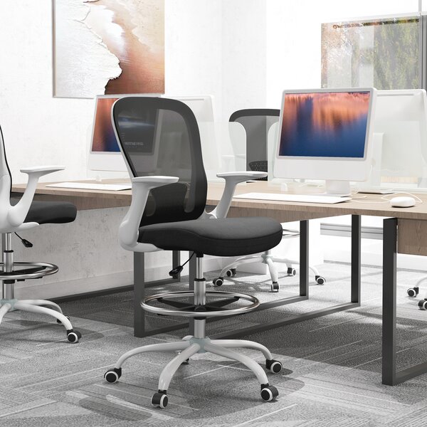 HOMCOM Draughtsman Chair, Mesh Office Chair, Ergonomic Desk Chair with Flip-up Armrest, Adjustable Foot Ring, Black & White Aosom UK