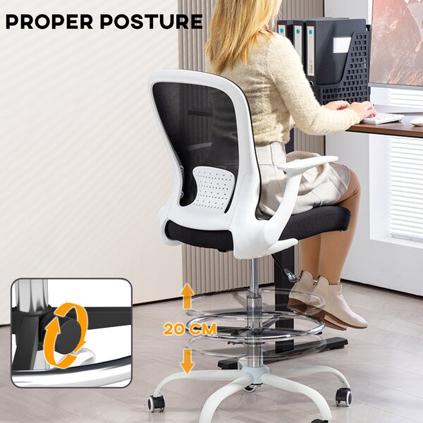 HOMCOM Draughtsman Chair, Mesh Office Chair, Ergonomic Desk Chair with Flip-up Armrest, Adjustable Foot Ring, Black & White Aosom UK