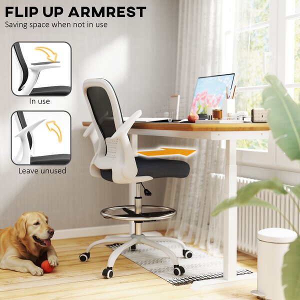 HOMCOM Draughtsman Chair, Mesh Office Chair, Ergonomic Desk Chair with Flip-up Armrest, Adjustable Foot Ring, Black & White Aosom UK