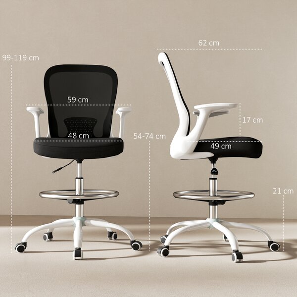 HOMCOM Draughtsman Chair, Mesh Office Chair, Ergonomic Desk Chair with Flip-up Armrest, Adjustable Foot Ring, Black & White Aosom UK