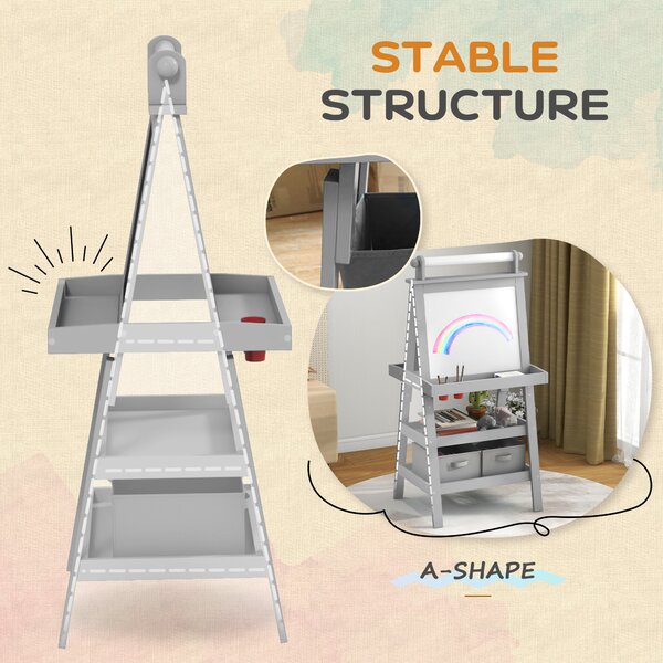 AIYAPLAY 3 in 1 Kids Art Easel, Double-Sided Magnetic Whiteboard and Chalkboard with Paper Roll, Storage Baskets, Painting Easel for Kids, Grey Aosom UK