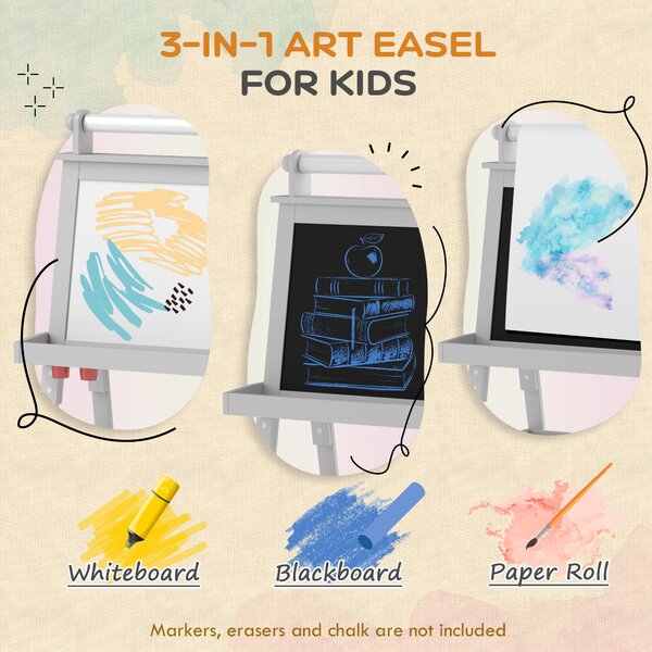 AIYAPLAY 3 in 1 Kids Art Easel, Double-Sided Magnetic Whiteboard and Chalkboard with Paper Roll, Storage Baskets, Painting Easel for Kids, Grey Aosom UK