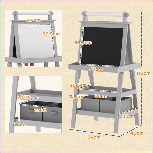 AIYAPLAY 3 in 1 Kids Art Easel, Double-Sided Magnetic Whiteboard and Chalkboard with Paper Roll, Storage Baskets, Painting Easel for Kids, Grey Aosom UK